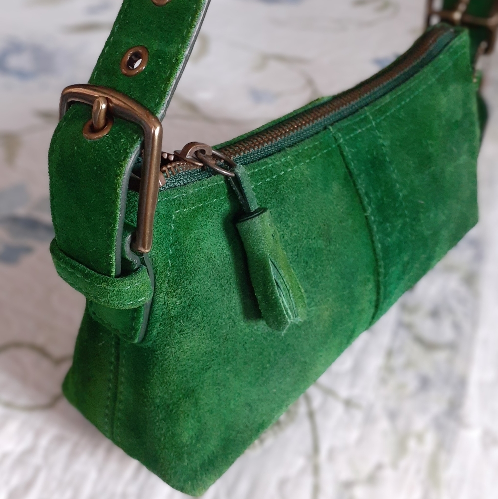 Coach Hampton Emerald Green Suede Demi Baguette Bag 7470